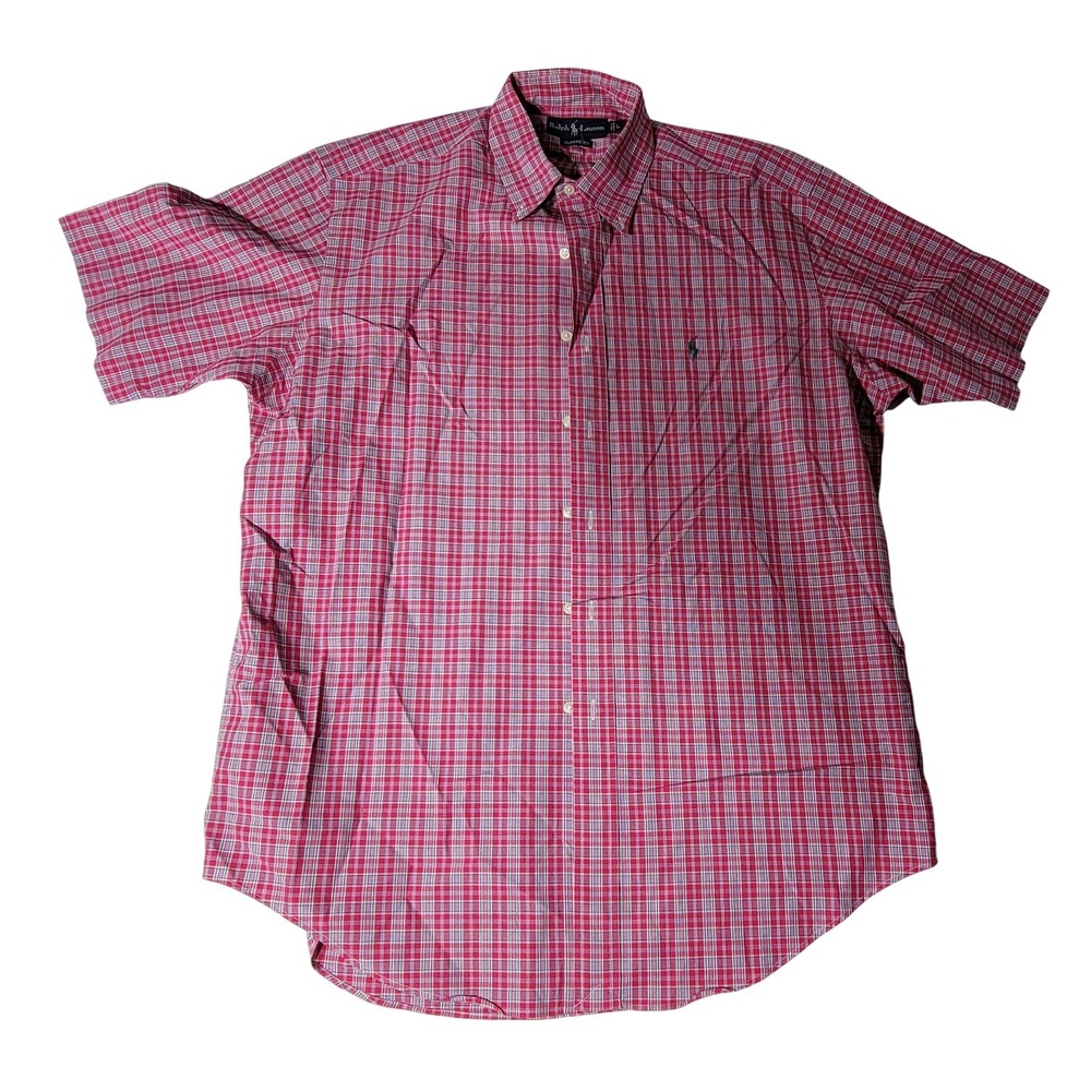 Ralph Lauren Mens Classic Fit Short Sleeve Plaid Button Down Shirt Red Blue L